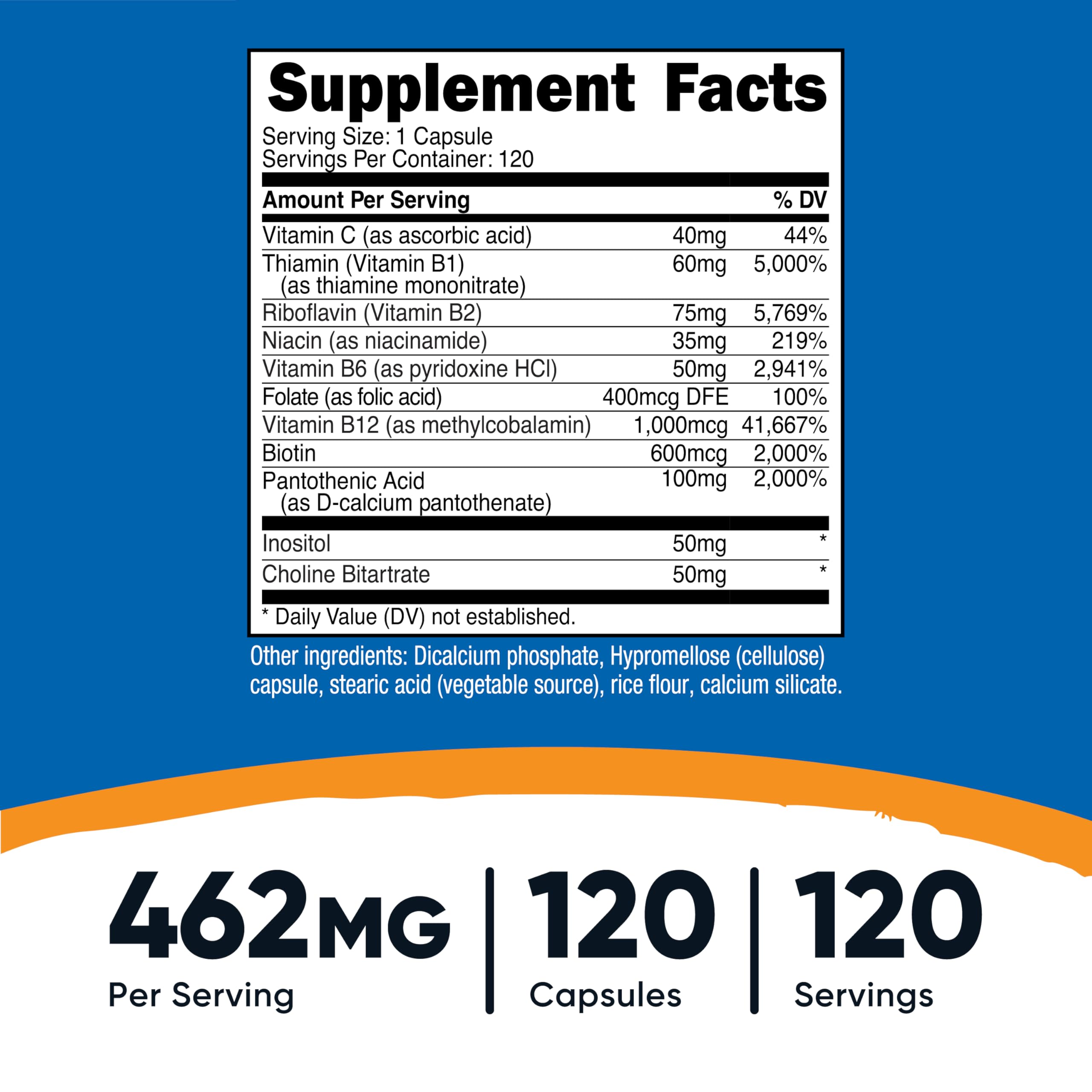 Label showing B vitamins and 462mg per capsule