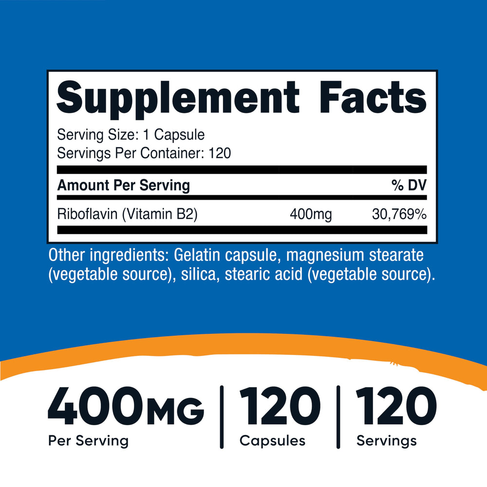Nutricost Vitamin B2 label close-up highlights gluten-free and non-GMO features