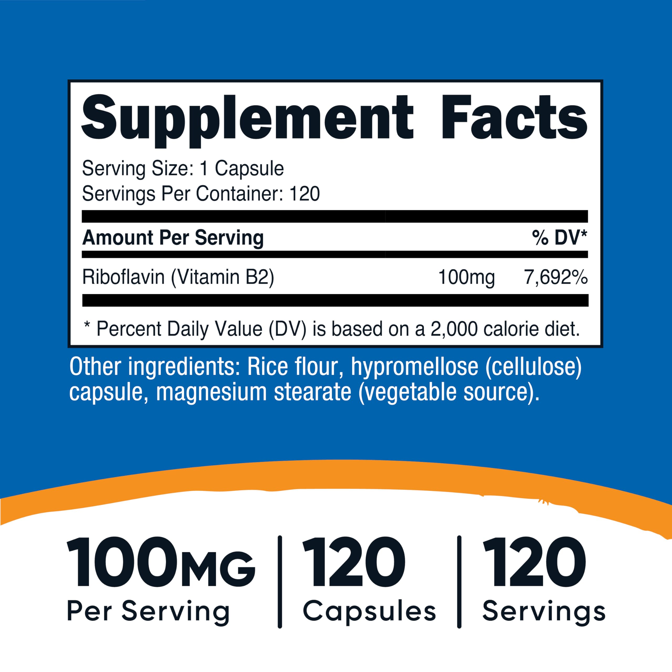Close-up of bottle label showing 100mg B2 per capsule
