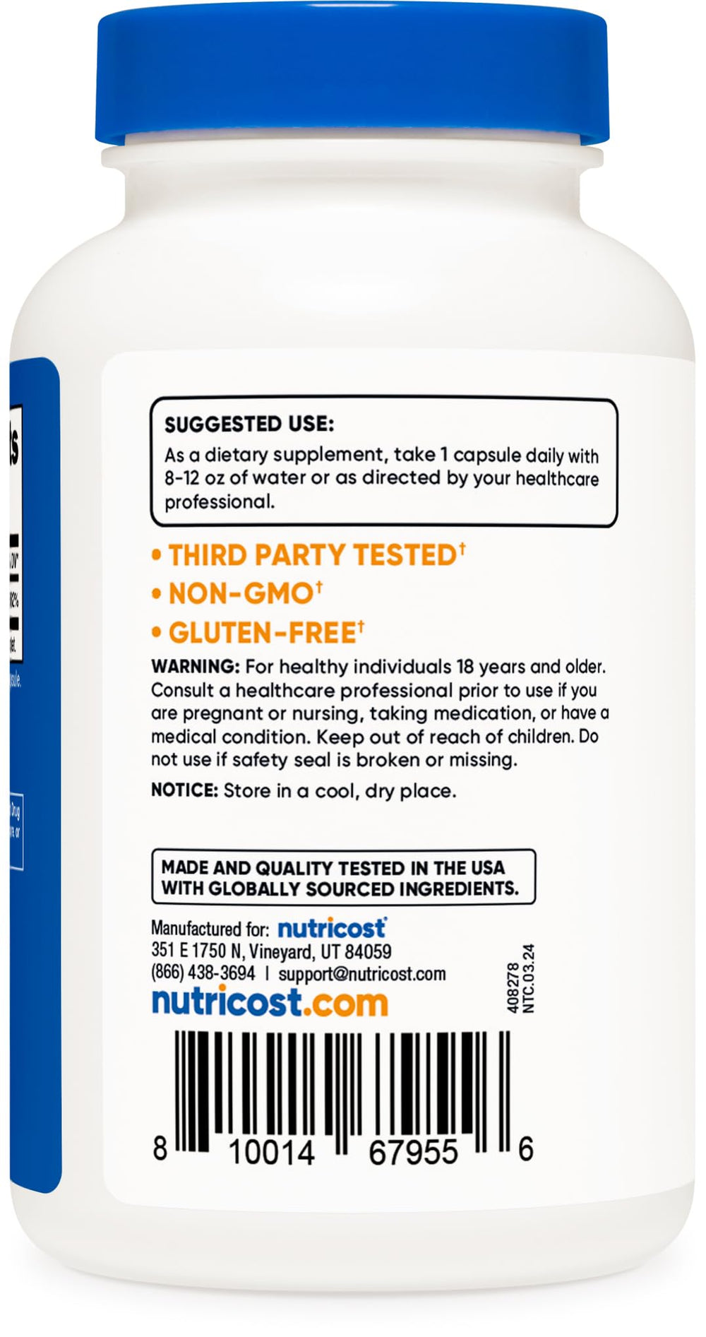 Nutrition facts panel on Nutricost Vitamin B6 bottle