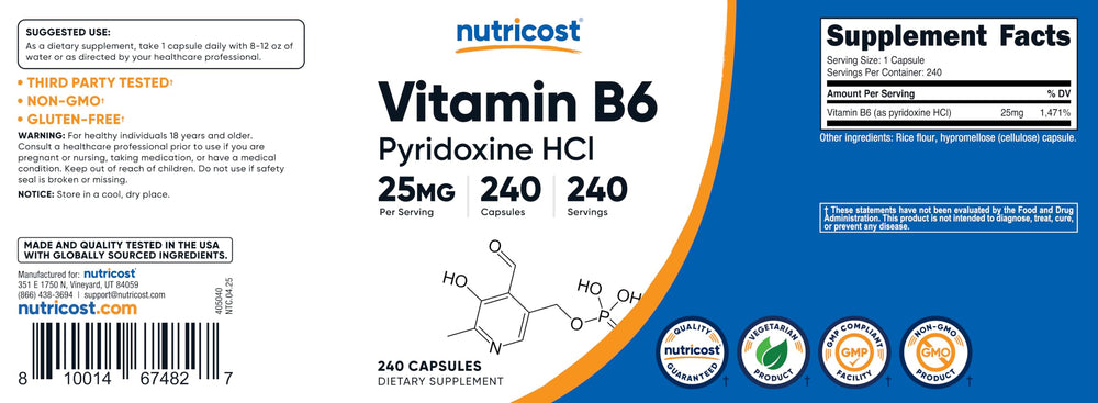 Quality testing graphic for Nutricost Vitamin B6 with ISO labs