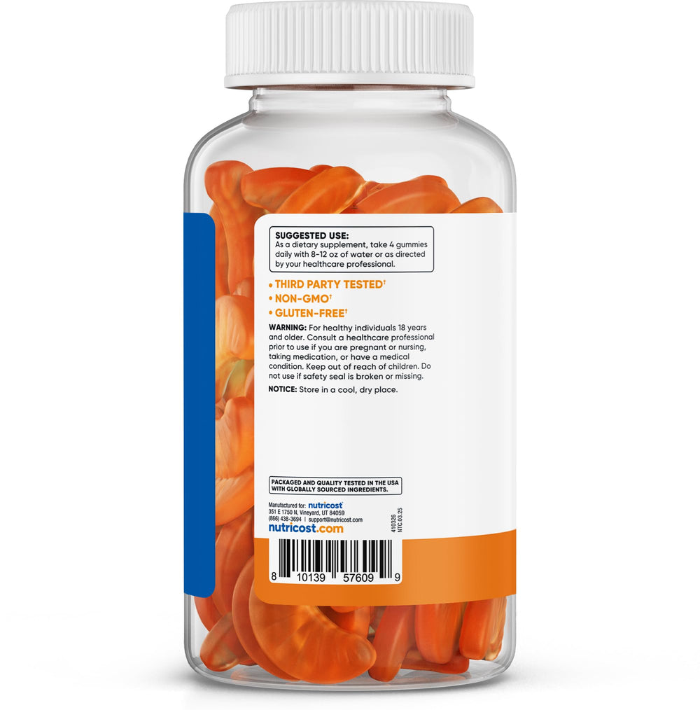 Label showing vegan, GMO-free and gluten-free vitamin C gummies
