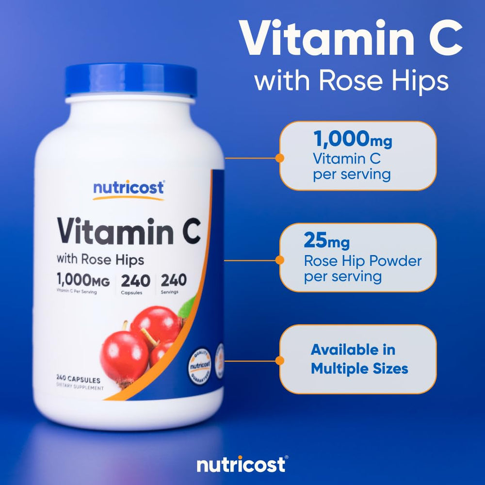 Nutricost Vitamin C with Rose HIPS bottle on table—ready for daily routine