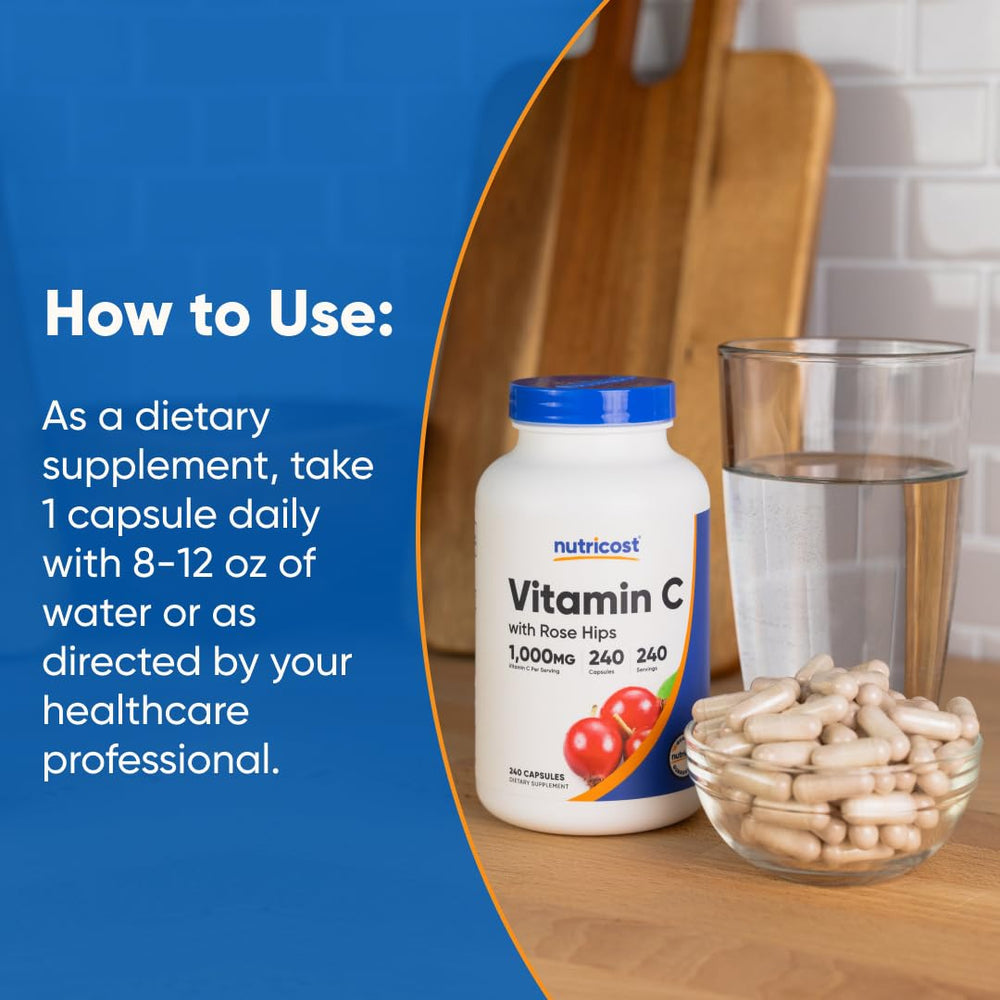 Nutricost Vitamin C with Rose HIPS ingredients list—rose hips included
