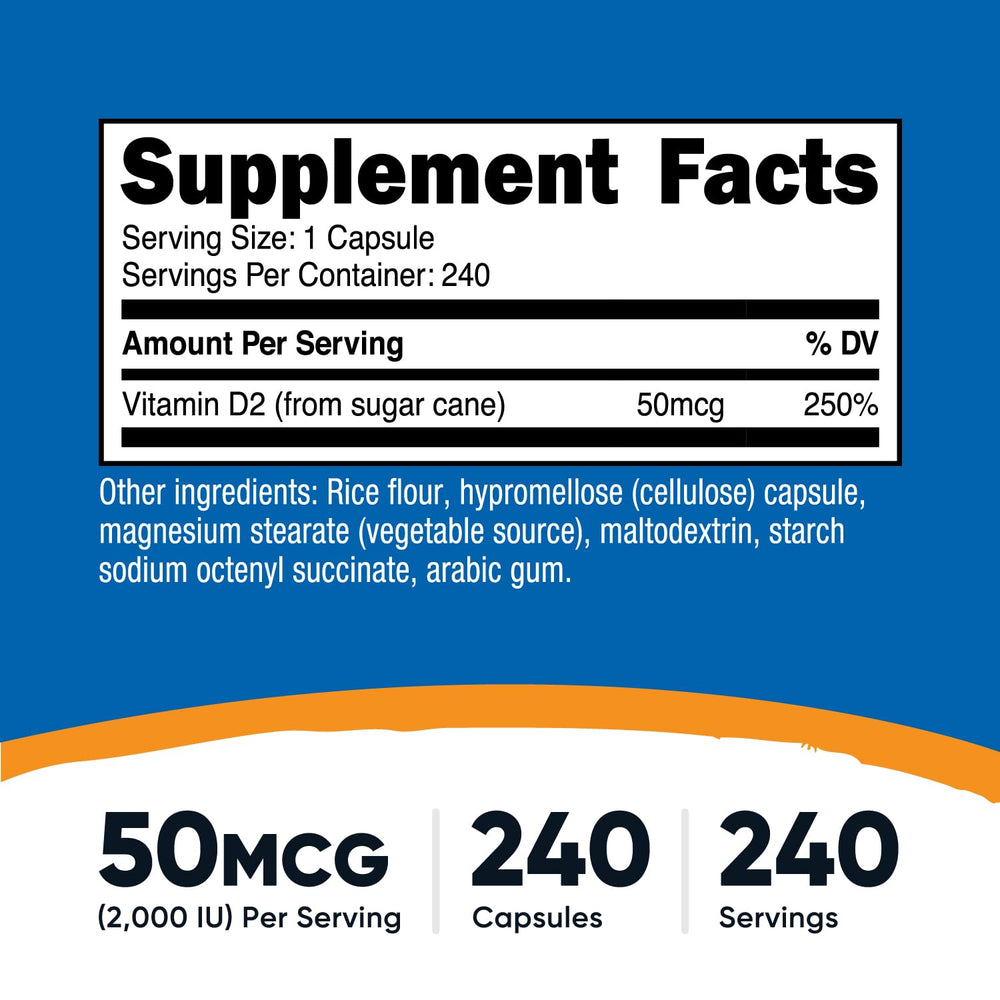 Close-up of Nutricost Vitamin D2 bottle showing 240 capsules