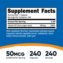 Close-up of Nutricost Vitamin D2 bottle showing 240 capsules