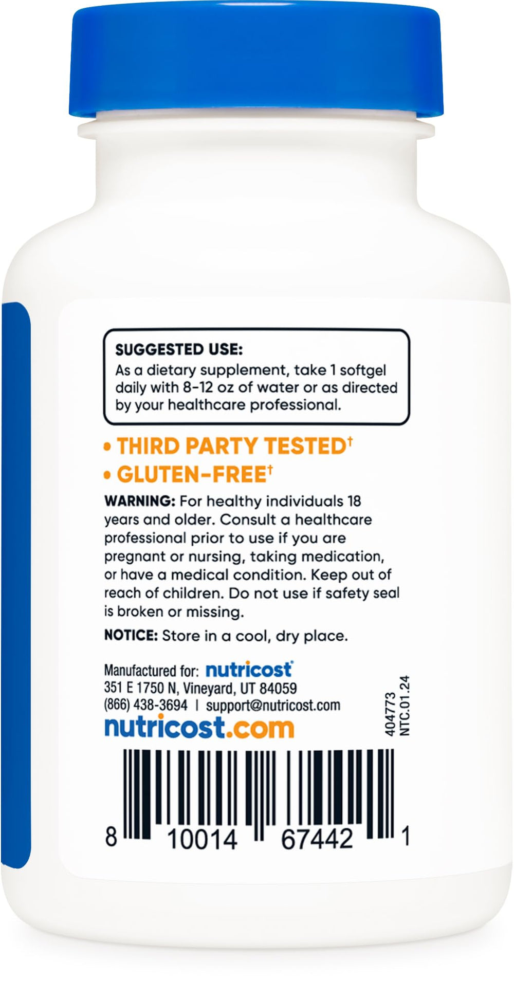 Nutrition facts panel of Nutricost Vitamin D3 1000 IU Softgels