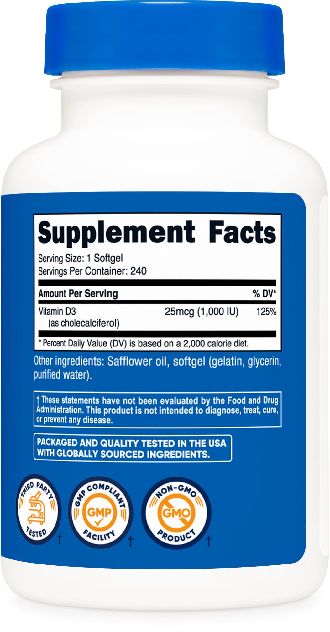 Serving of Vitamin D3 1000 IU Softgels in bottle illustration