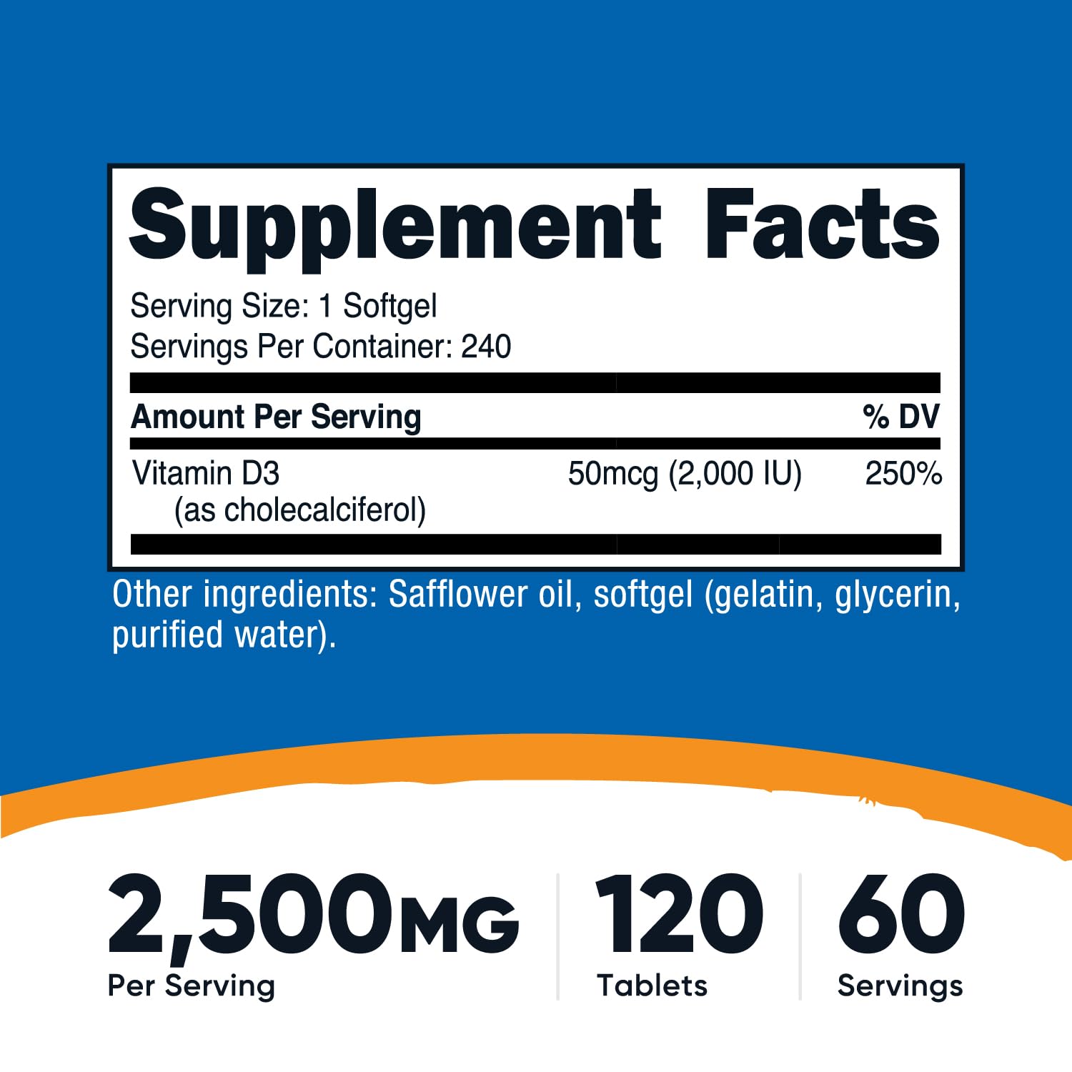 Close-up of Vitamin D3 2000 IU softgel count (240) on bottle