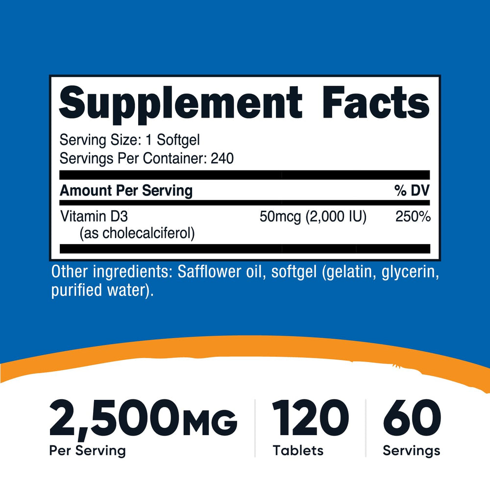 Close-up of Vitamin D3 2000 IU softgel count (240) on bottle