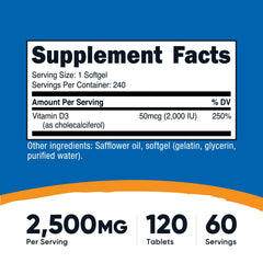 Close-up of Vitamin D3 2000 IU softgel count (240) on bottle
