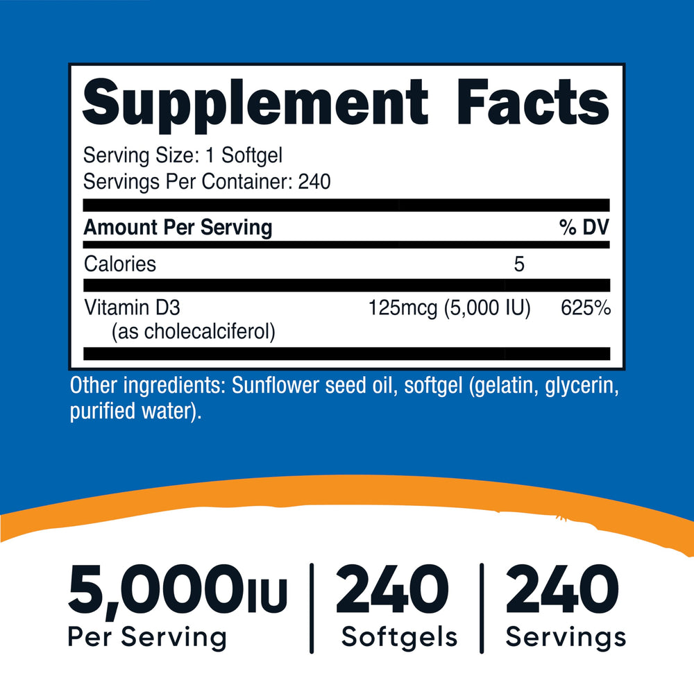 Close-up of Nutricost Vitamin D3 5,000 IU softgels in bottle