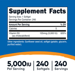 Close-up of Nutricost Vitamin D3 5,000 IU softgels in bottle