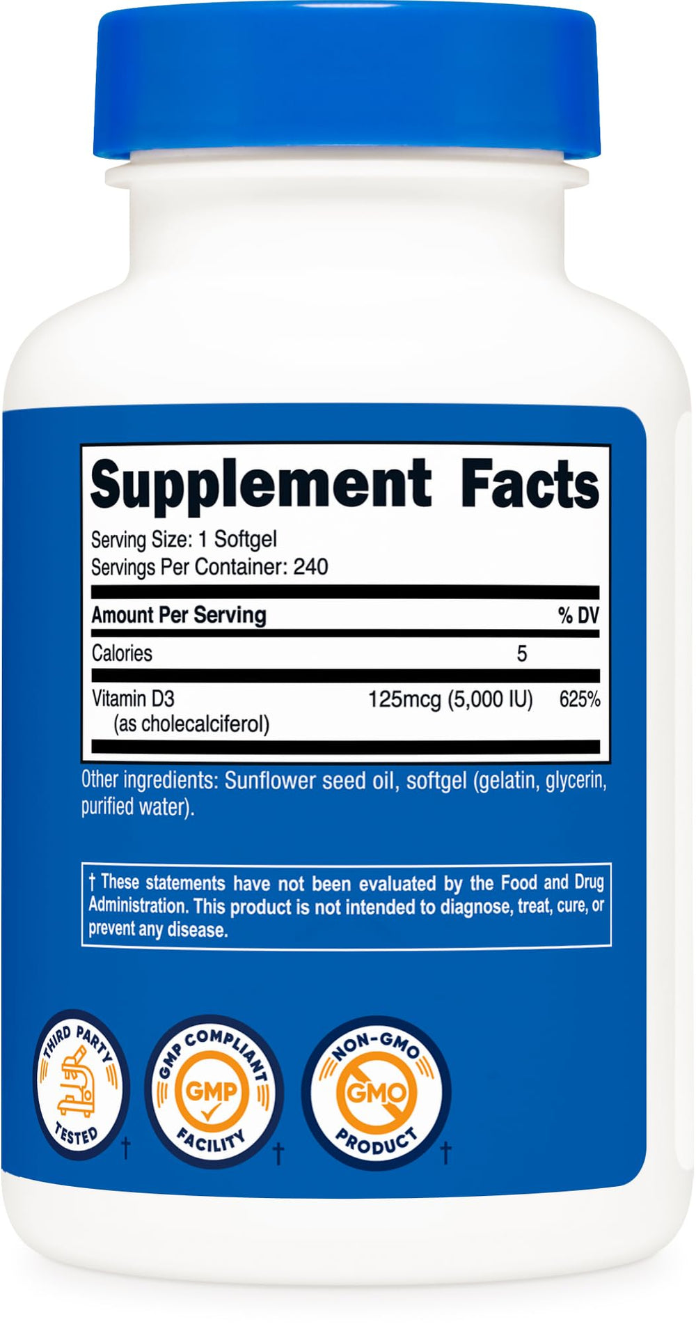 NSF Certified GMP facility badge shown with Vitamin D3 bottle