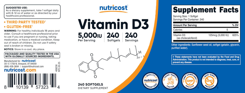 Front view of Nutricost Vitamin D3 5,000 IU bottle with label