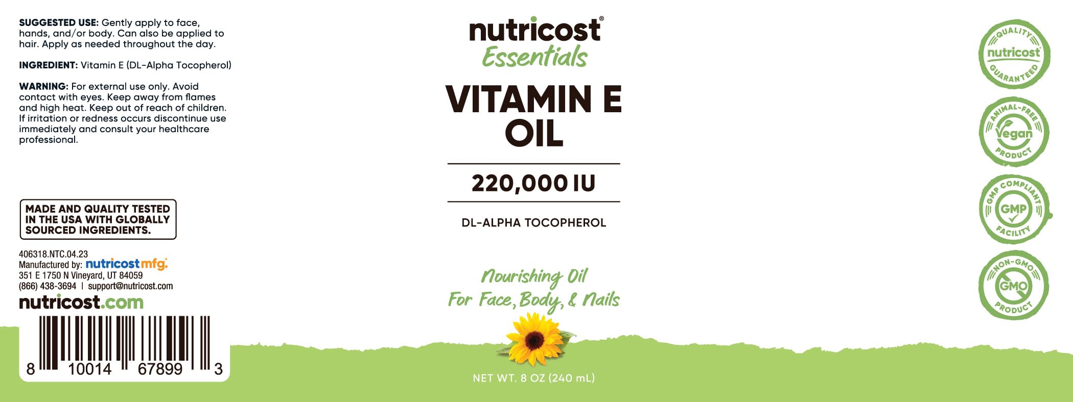 Close-up of Nutricost Vitamin E Oil label showing 230,000 IU