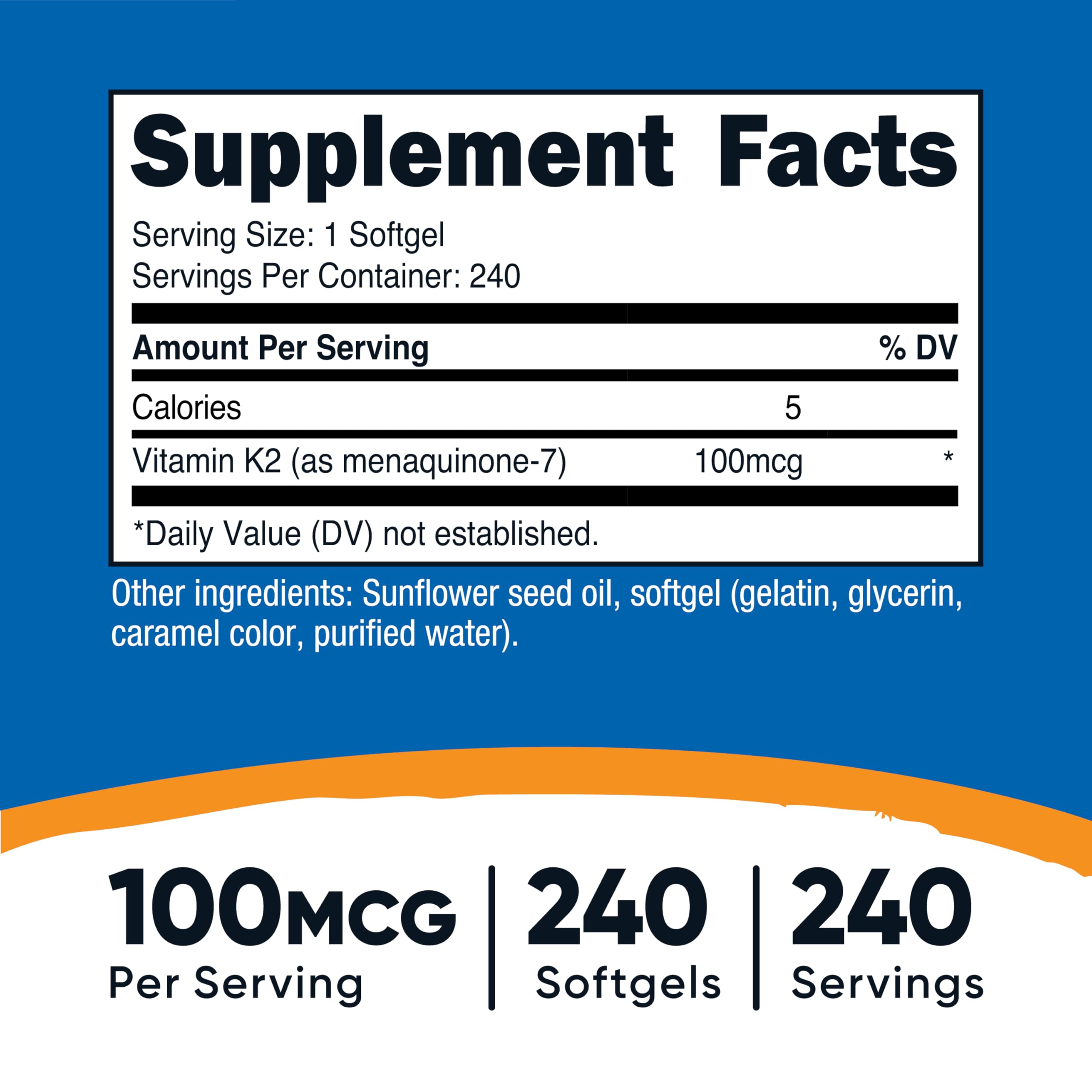 Bottle label showing 100 mcg Vitamin K2 MK-7 per softgel