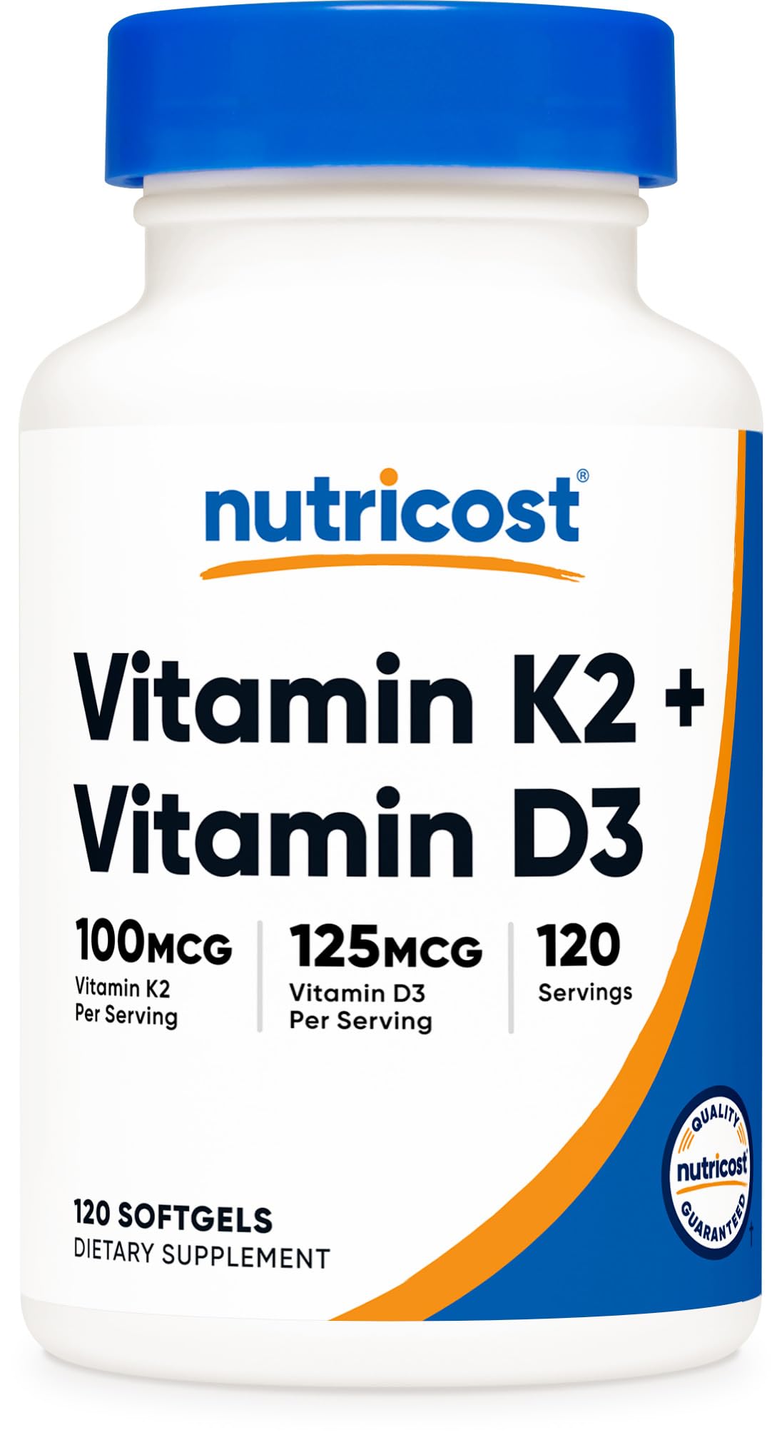 Front view of Nutricost Vitamin K2 MK7 + Vitamin D3 120 softgels bottle