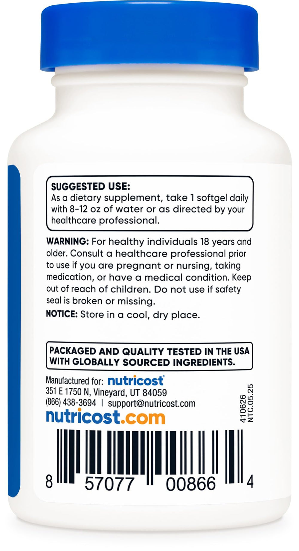 Back label showing supplement facts and non-GMO gluten-free claims