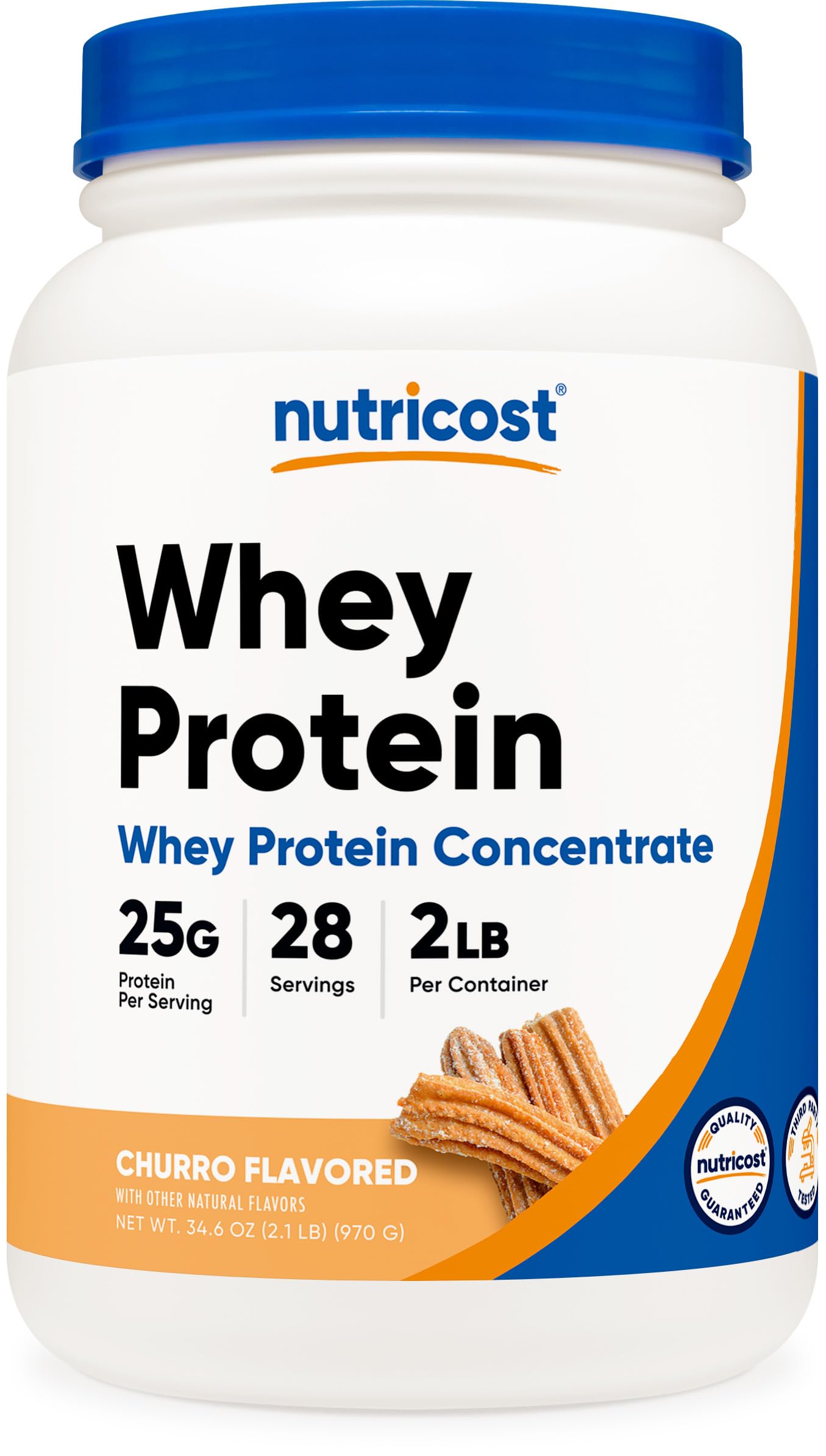 Nutricost whey protein concentrate churro 2lb bottle shows protein-packed daily fuel.