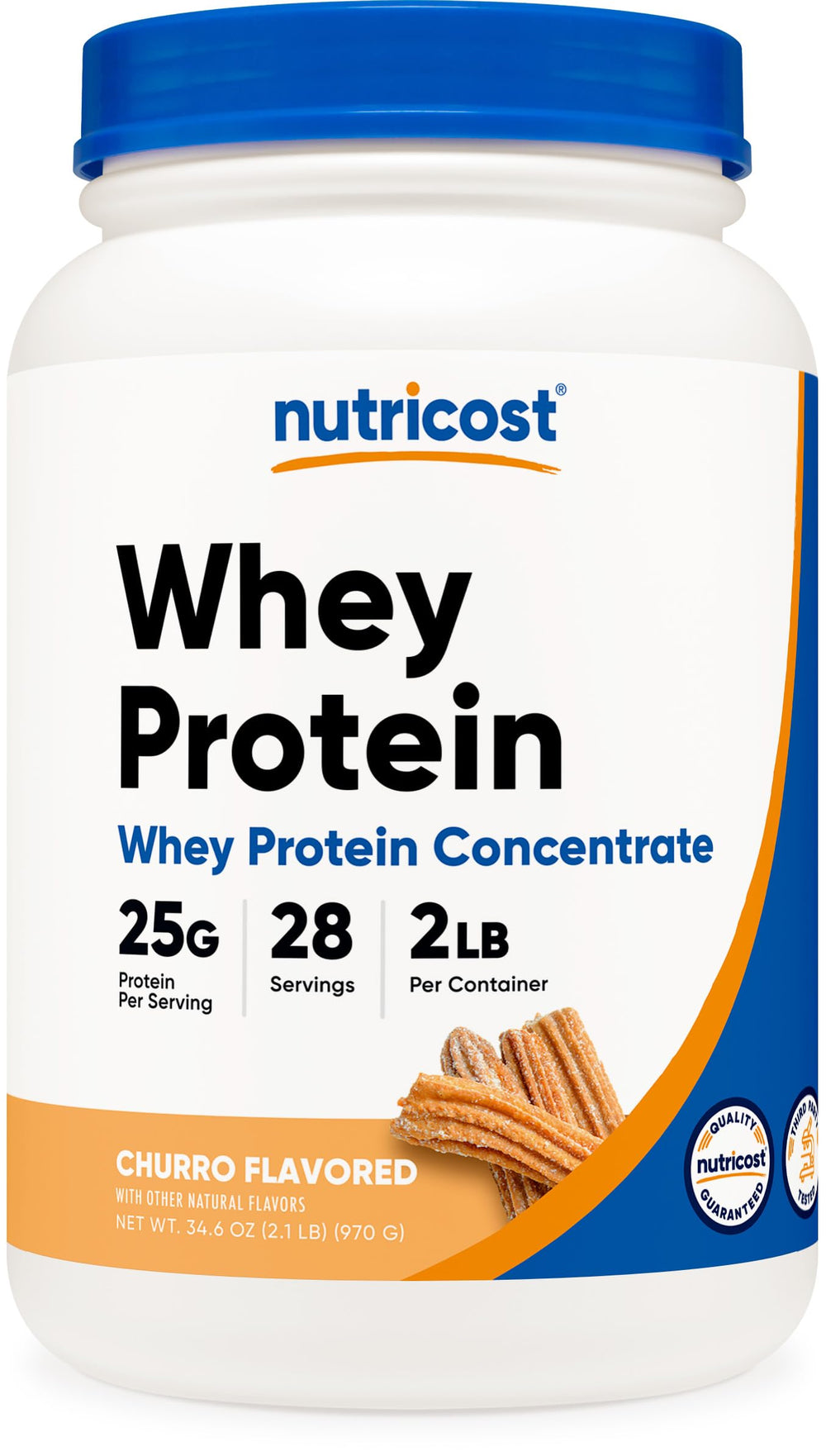 Nutricost whey protein concentrate churro 2lb bottle shows protein-packed daily fuel.