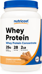 Nutricost whey protein concentrate churro 2lb bottle shows protein-packed daily fuel.