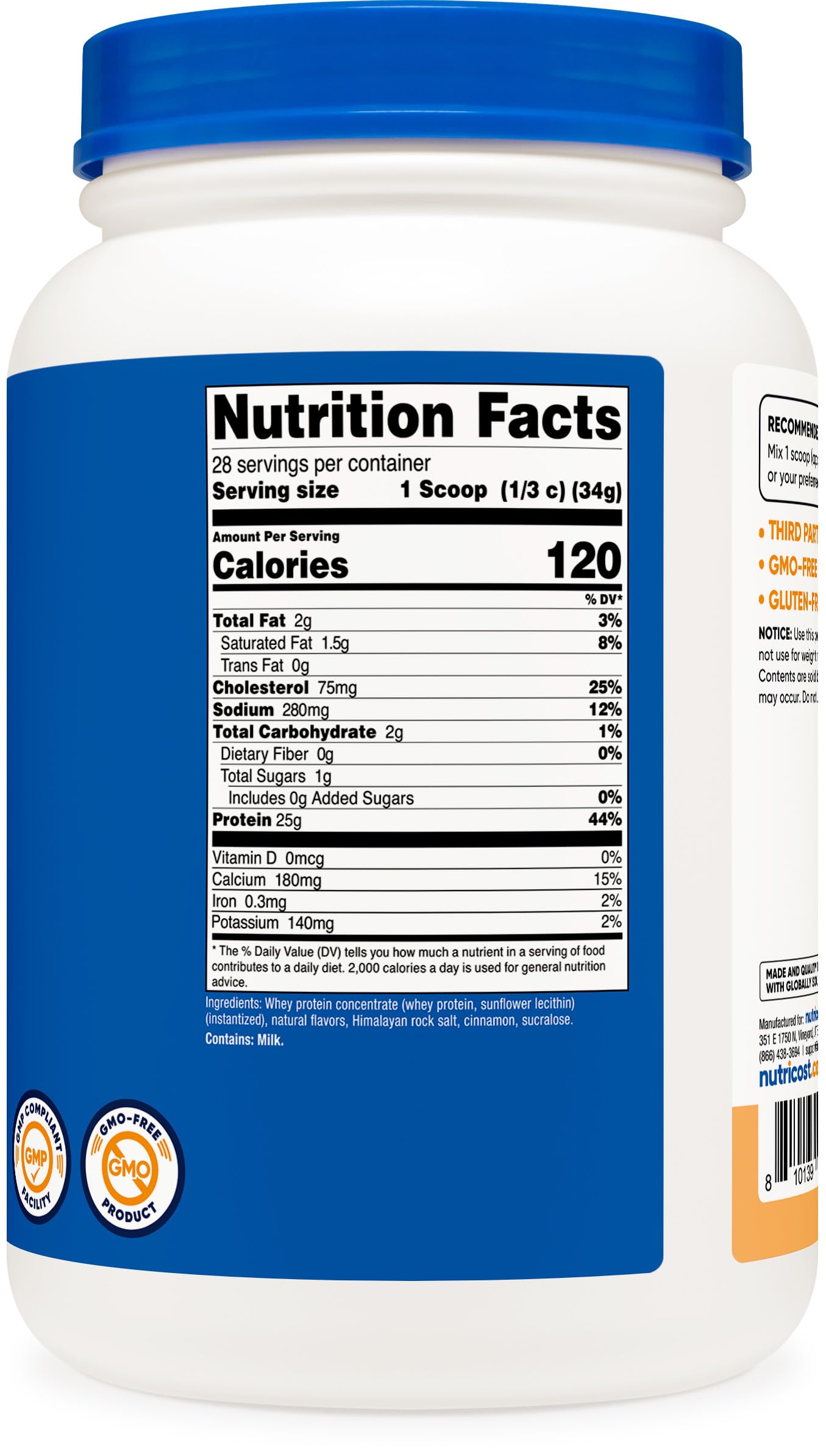 Nutricost whey protein concentrate churro glass shake highlights gluten-free GMO-free option.