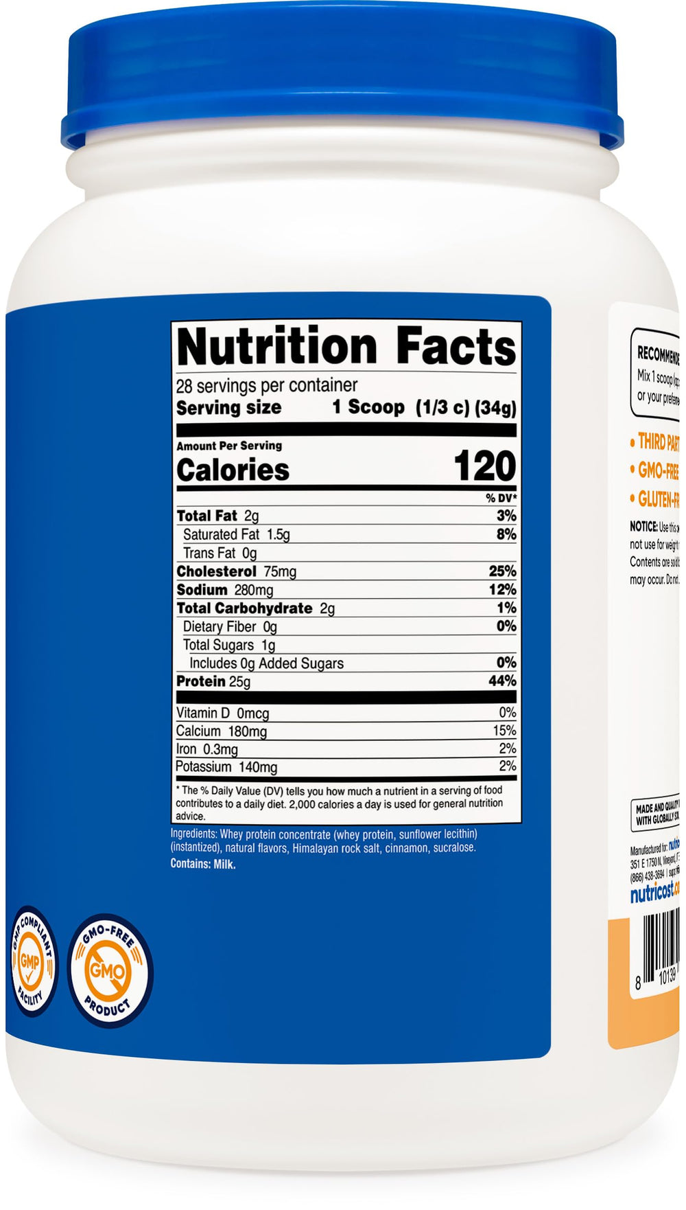 Nutricost whey protein concentrate churro glass shake highlights gluten-free GMO-free option.