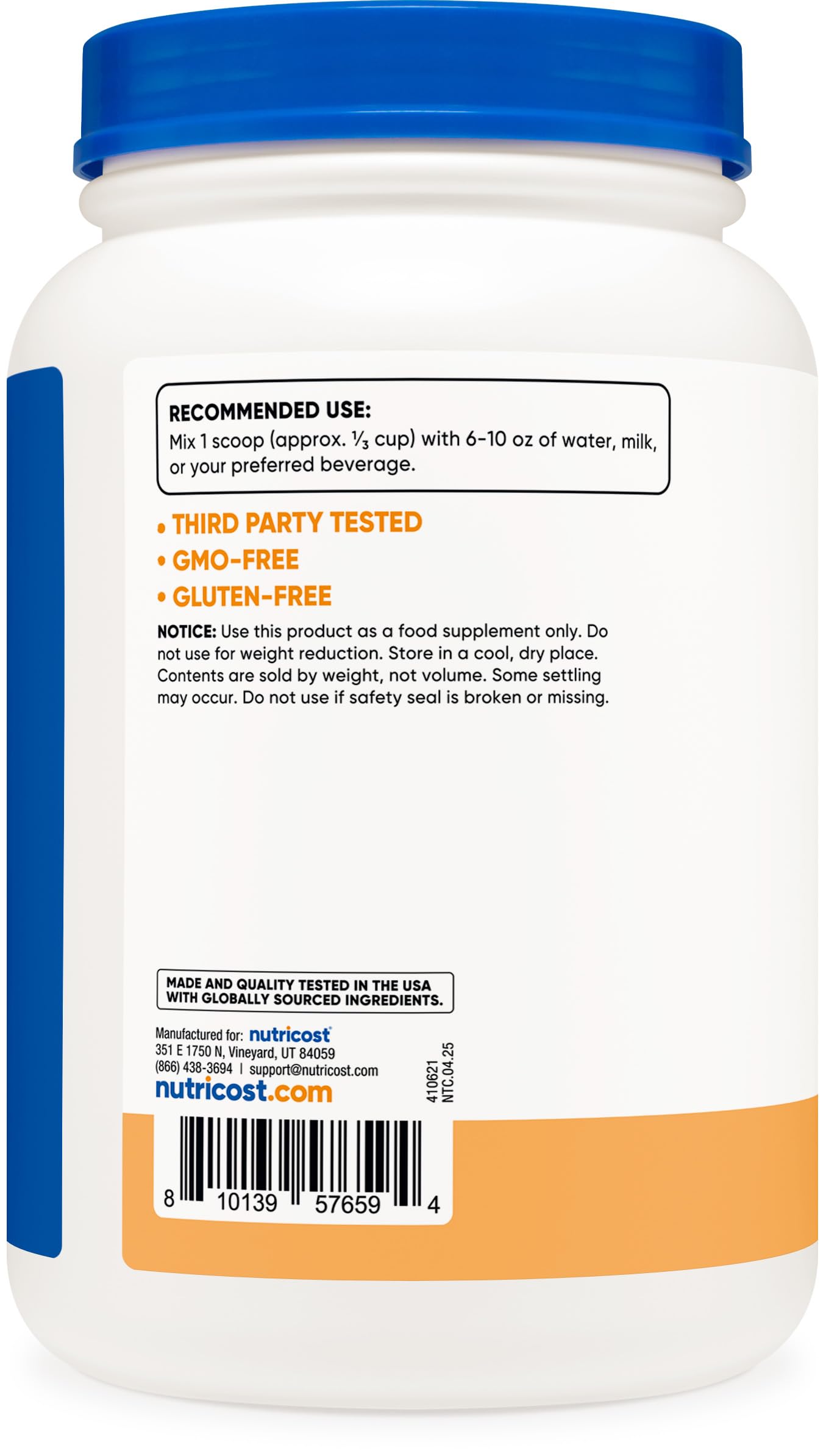 Nutricost whey protein concentrate churro packaging emphasizes NSF GMP certified quality.