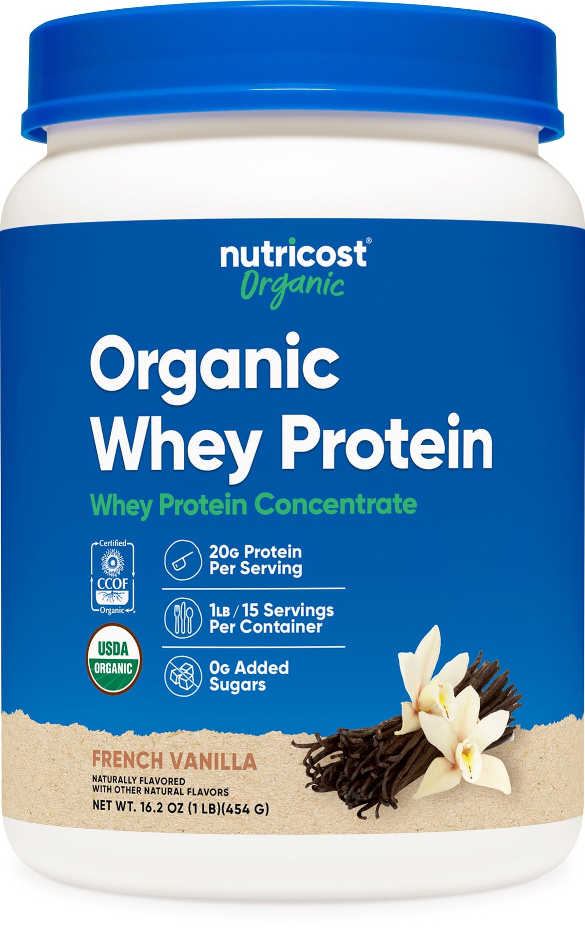 Nutricost whey protein concentrate with French vanilla flavor in a shaker for quick shakes.