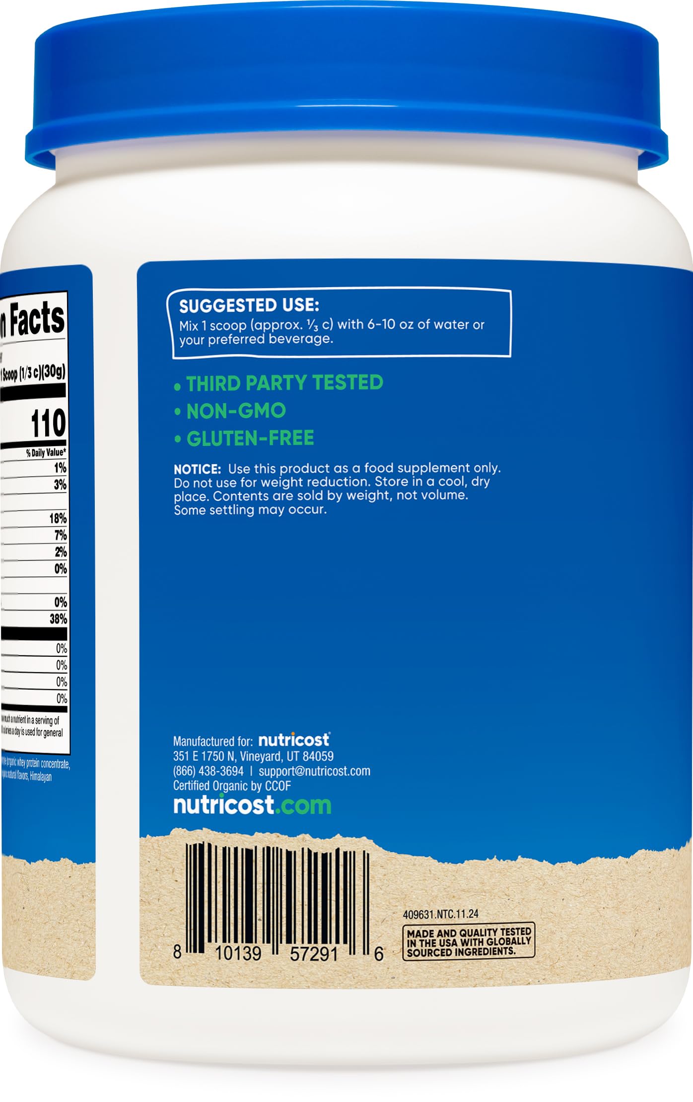 Nutricost non-GMO whey protein label indicating clean ingredients.