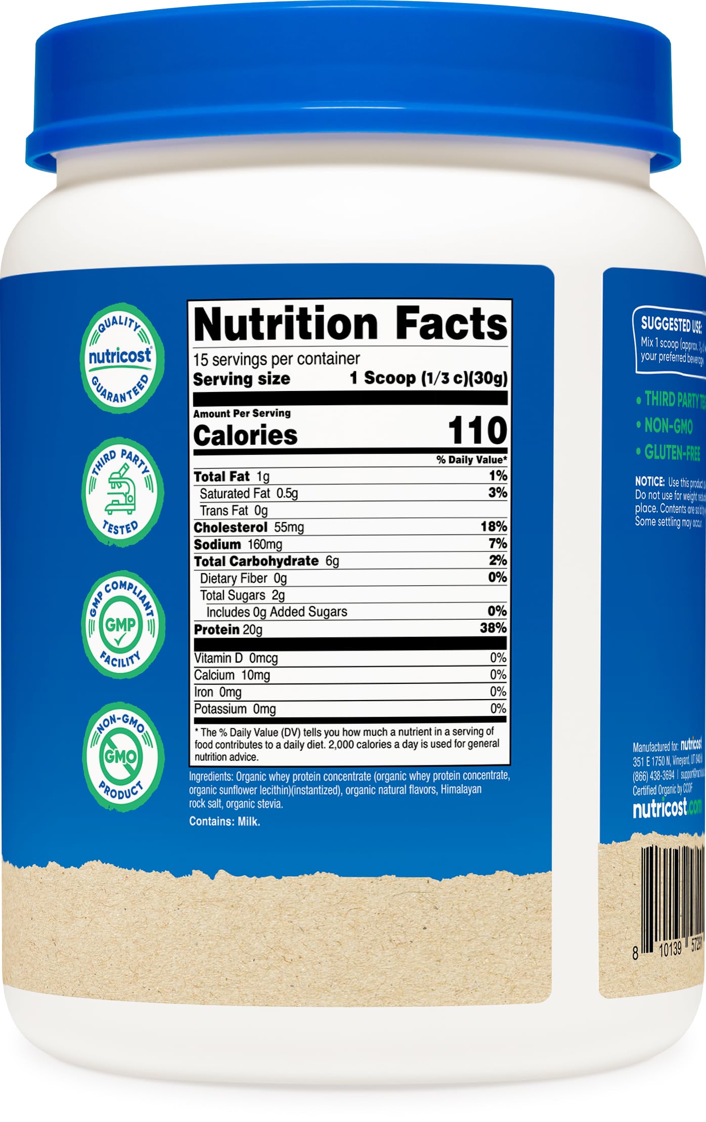 Third-party tested Nutricost whey protein in a GMP facility for quality assurance.