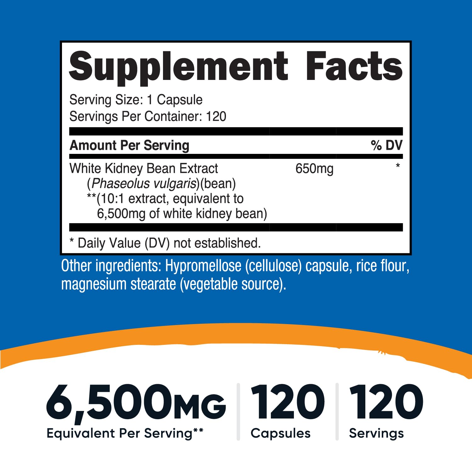 Close-up of bottle label showing 6500mg equivalent White Kidney Bean extract per serving