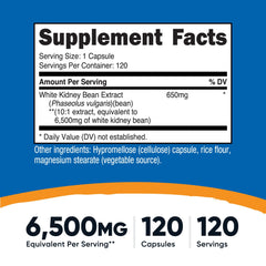 Close-up of bottle label showing 6500mg equivalent White Kidney Bean extract per serving