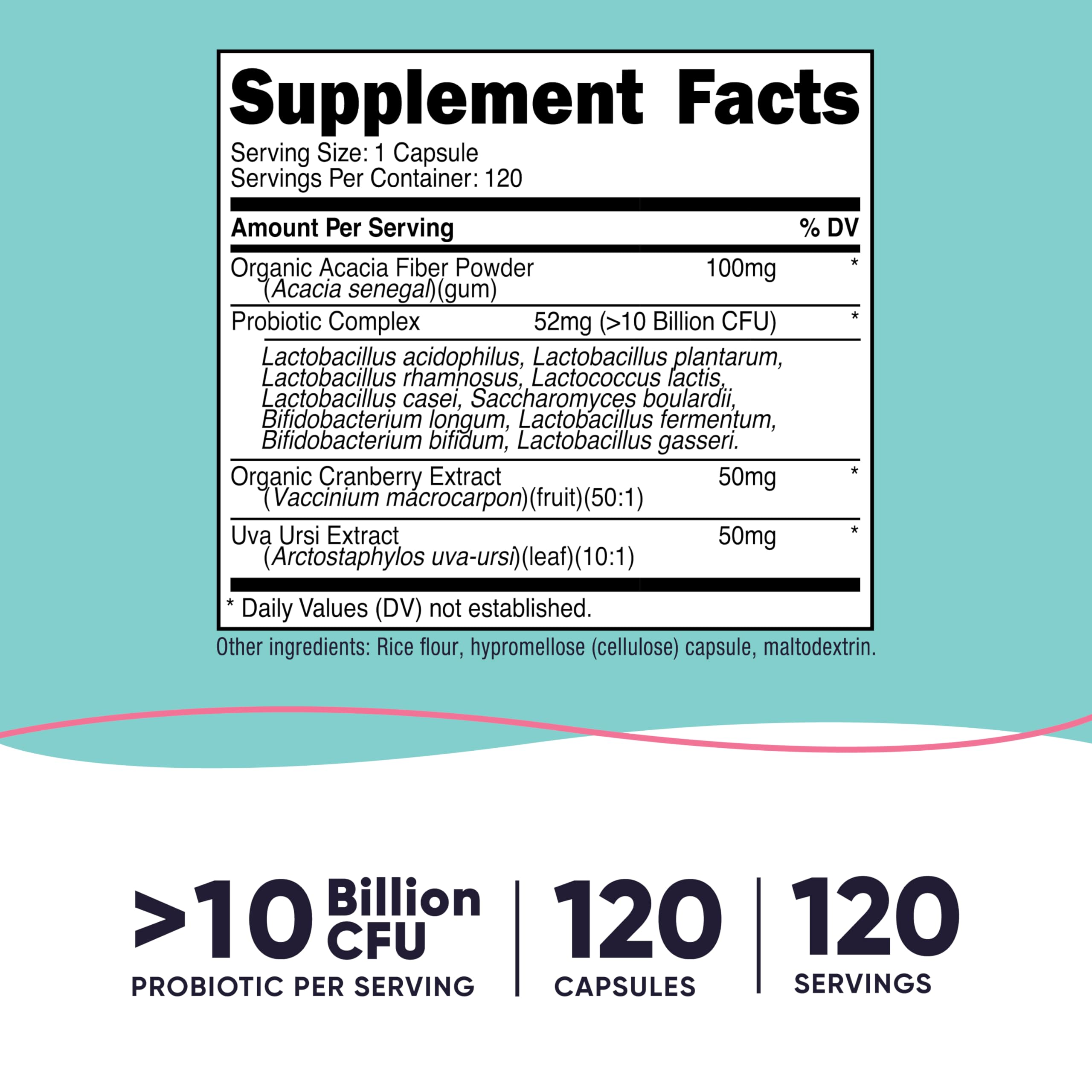 Close-up of probiotic capsules with Acacia Fiber, Uva Ursi and Cranberry Extract