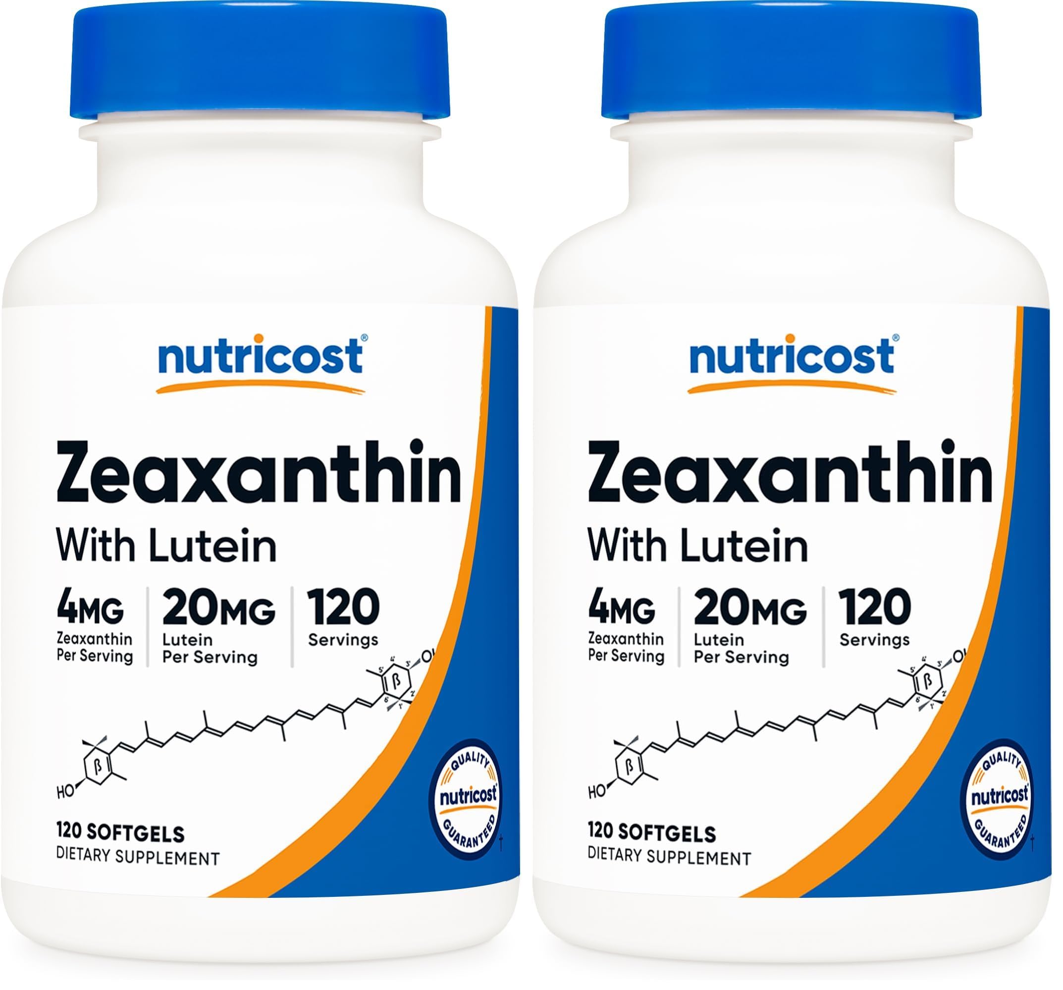 Front view of Nutricost Zeaxanthin with Lutein 20mg bottle, pack of 2