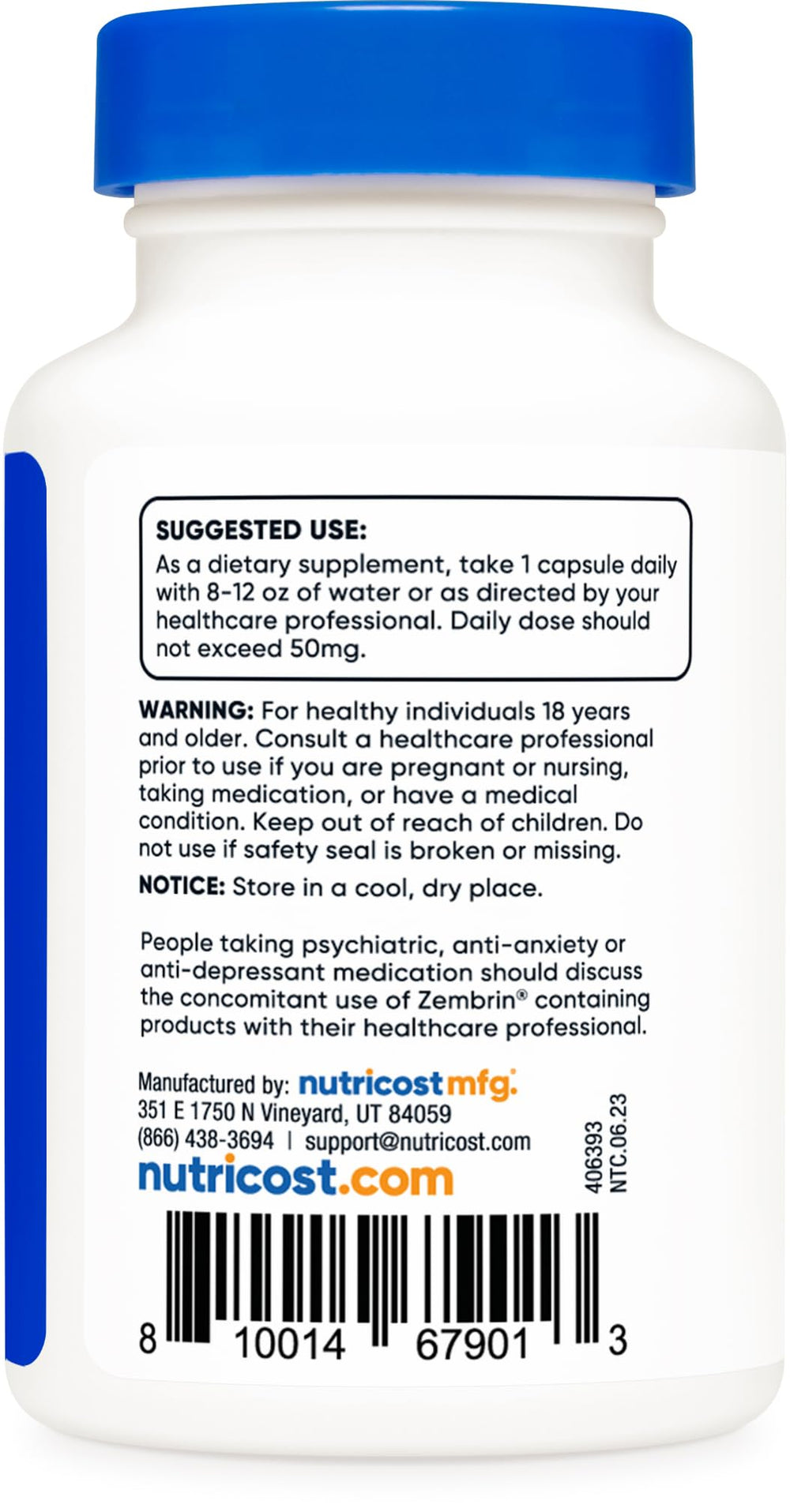 Ingredient and supplement facts panel of Nutricost Zembrin