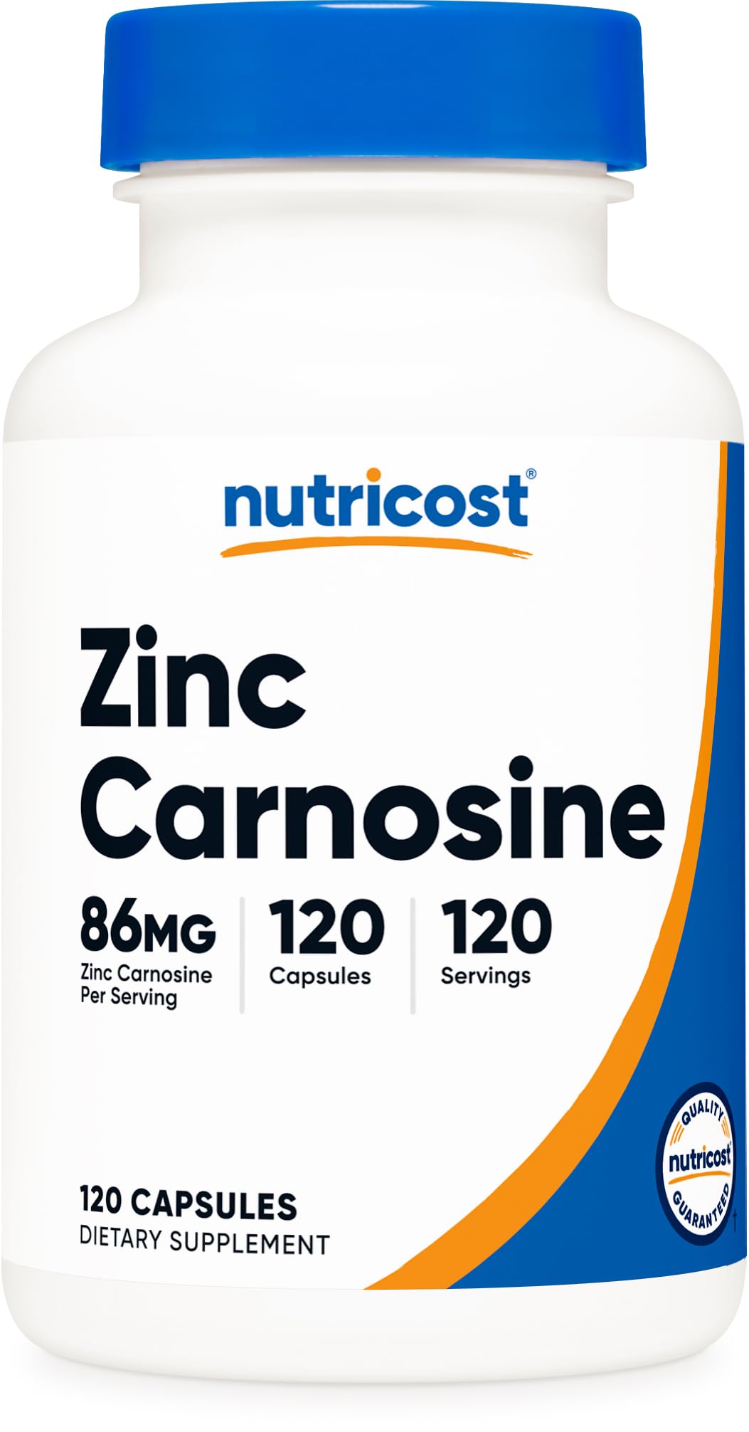 Nutricost Zinc Carnosine bottle label showing 86 mg zinc carnosine per serving