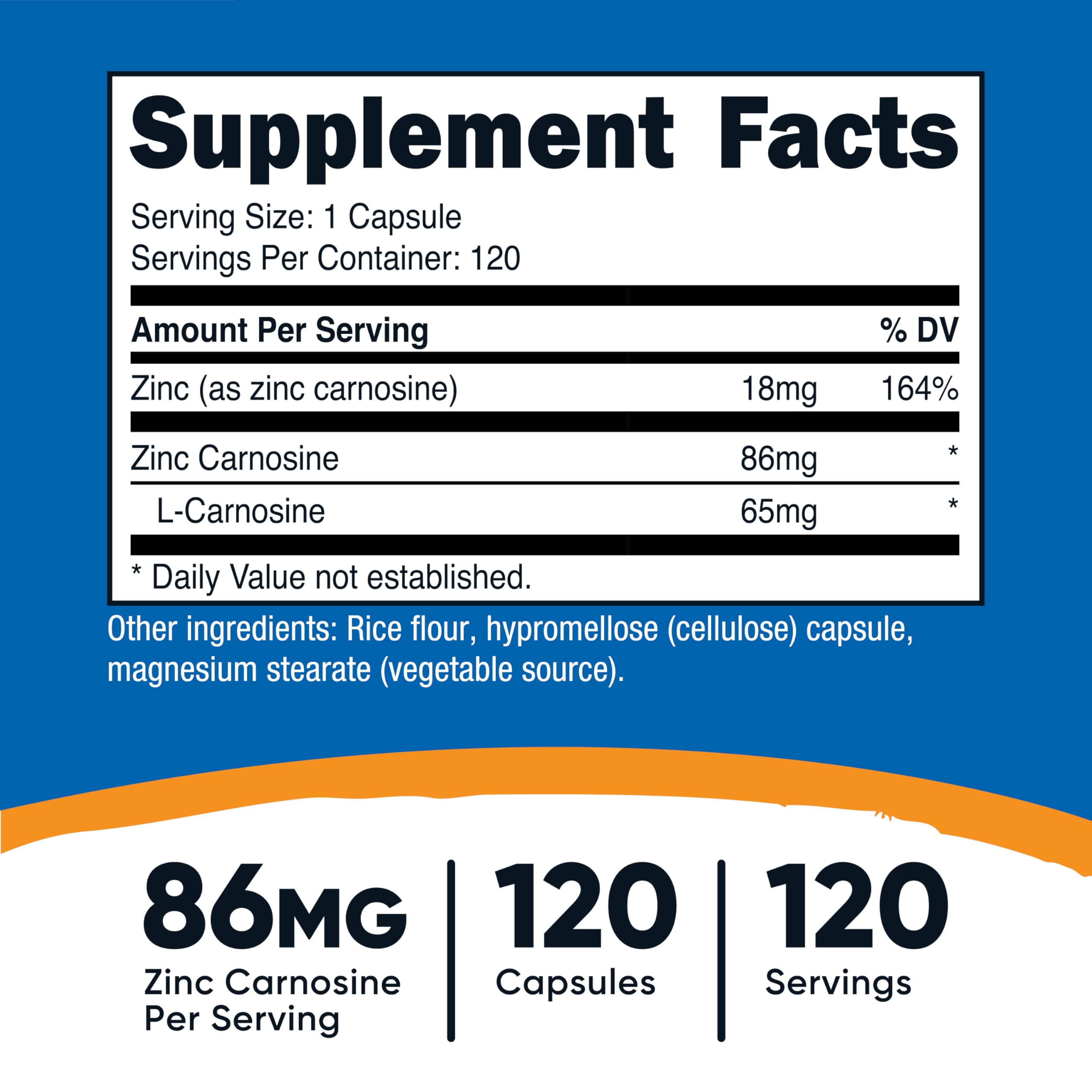 Zinc Carnosine supplement facts panel for Nutricost product