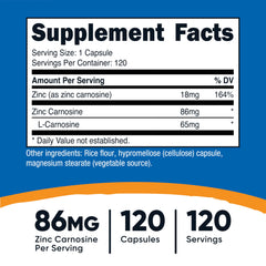 Zinc Carnosine supplement facts panel for Nutricost product