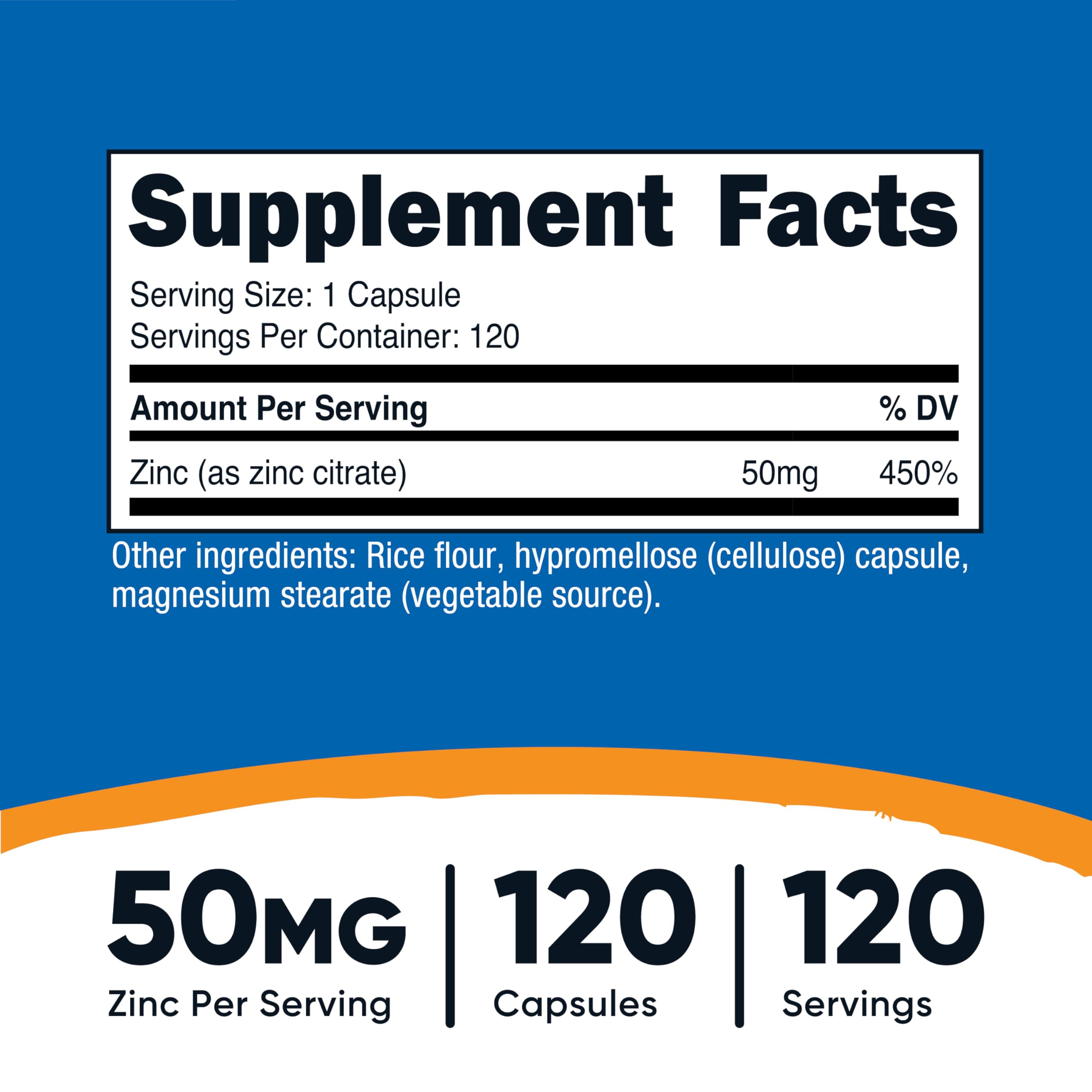 Close-up of zinc citrate 50 mg per serving on the label