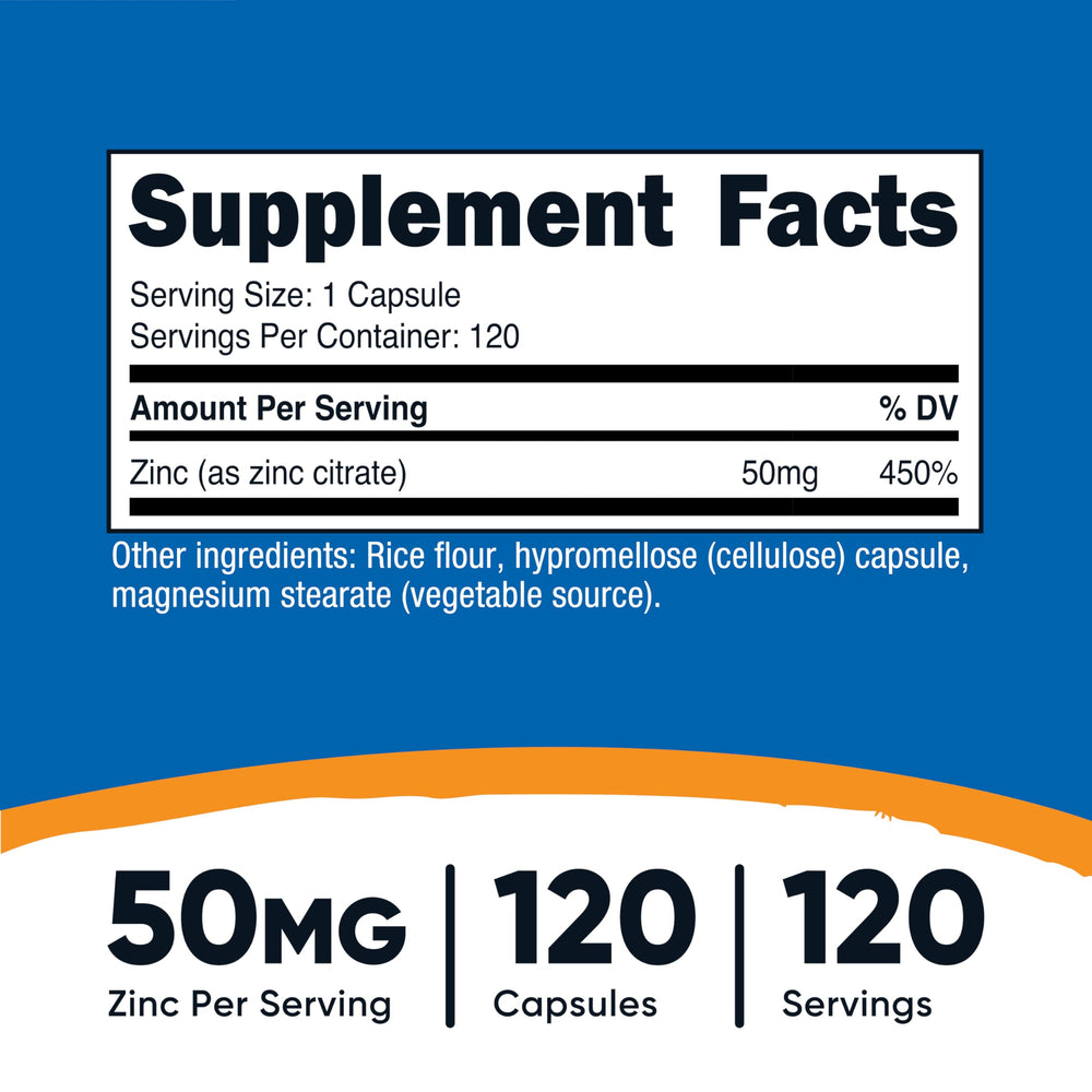 Close-up of zinc citrate 50 mg per serving on the label
