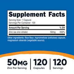 Close-up of zinc citrate 50 mg per serving on the label