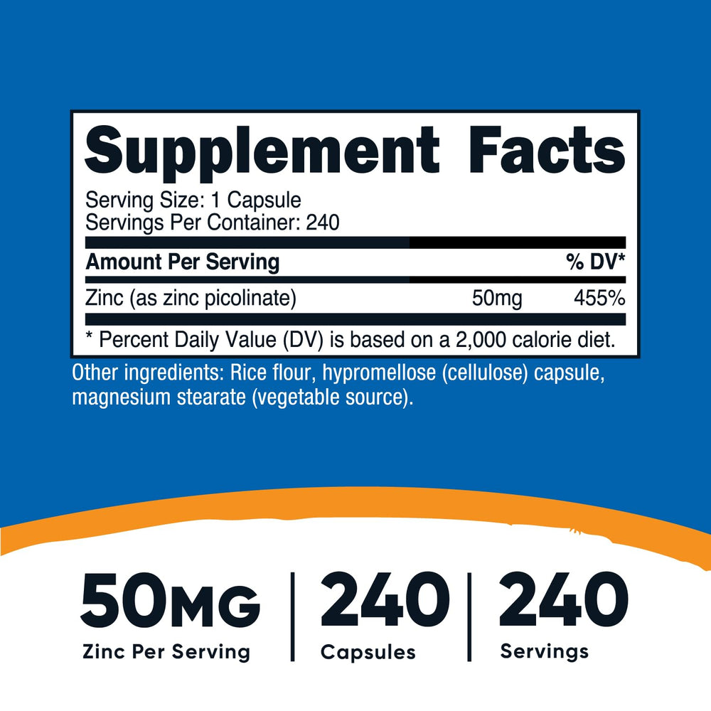 Close-up of Nutricost Zinc Picolinate 50mg bottle label