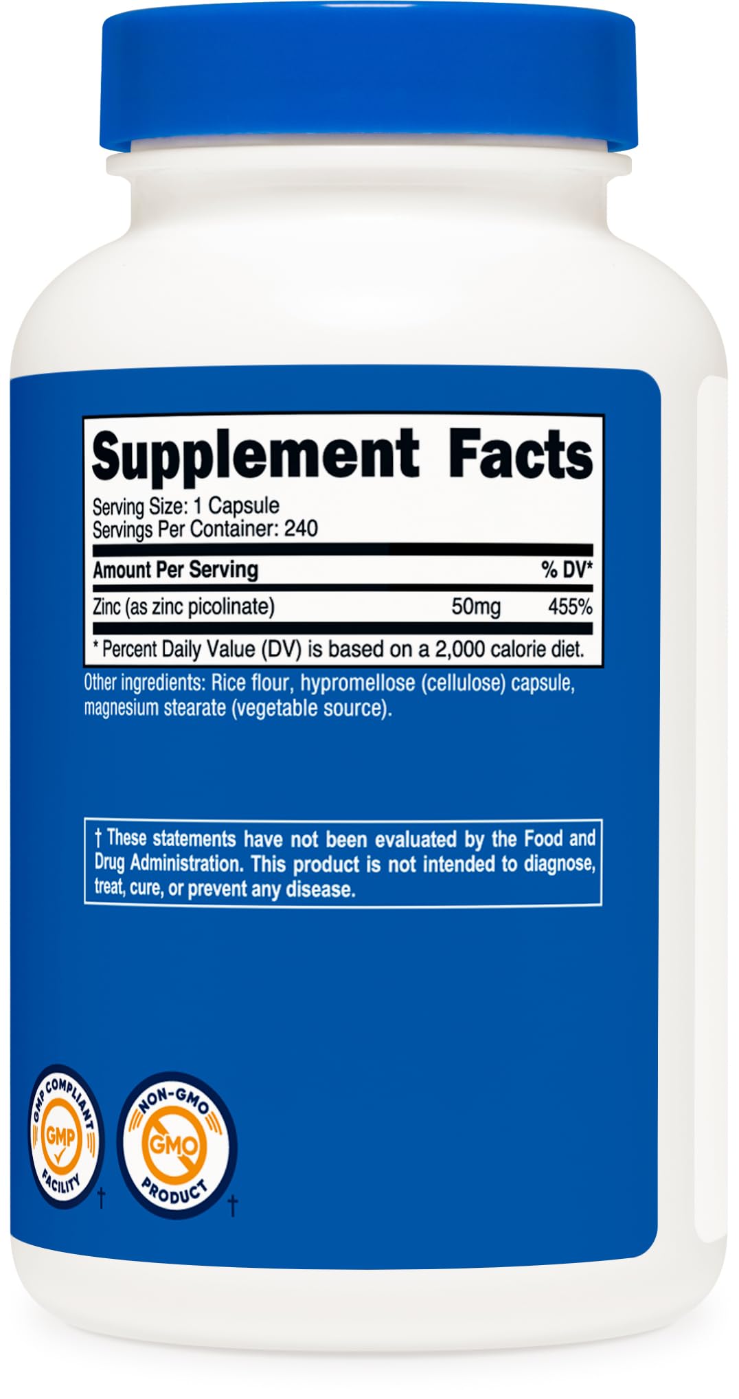 Gluten-free and non-GMO zinc supplement bottle on white background