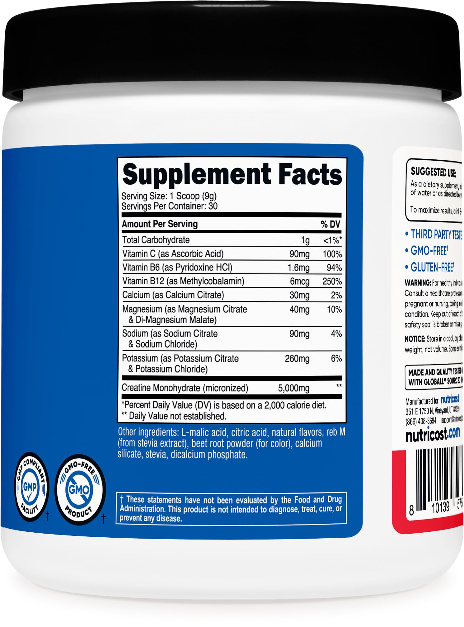 Packaging ingredients for Nutricost Creatine Monohydrate Fruit Punch