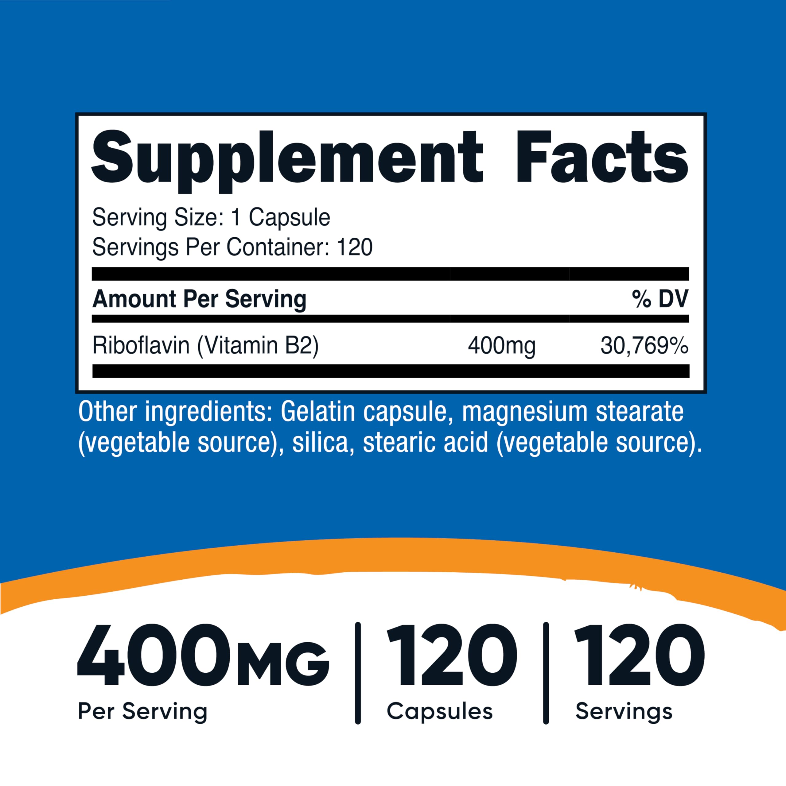 Supplement facts panel on Nutricost Vitamin B2 Riboflavin bottle