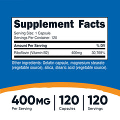 Supplement facts panel on Nutricost Vitamin B2 Riboflavin bottle