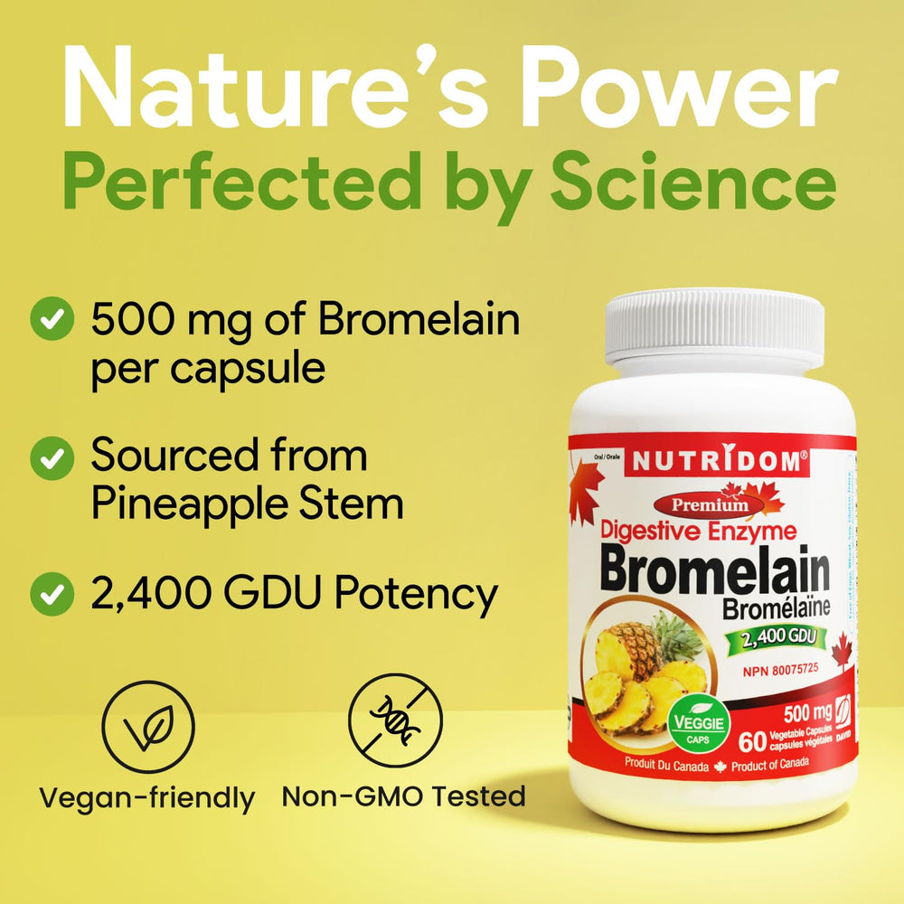 Close-up of bottle label showing Bromelain potency 2400 GDU