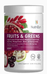 NutriDyn Fruits & Greens Berry Flavor canister labeled Certified Organic